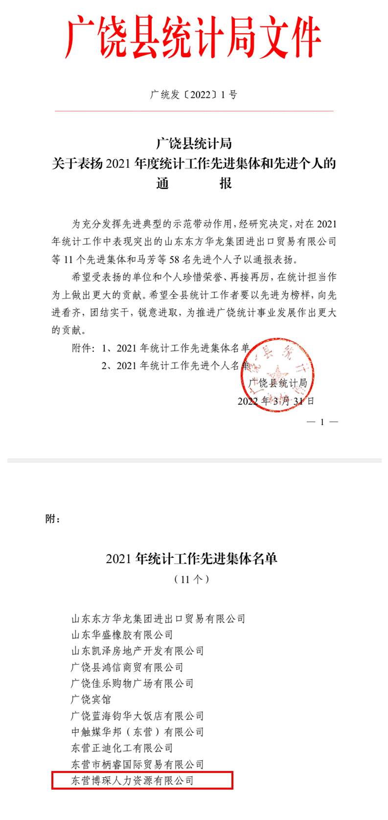 喜讯！东营博琛人力资源有限公司荣获广饶县2021年度统计工作“先进集体”称号